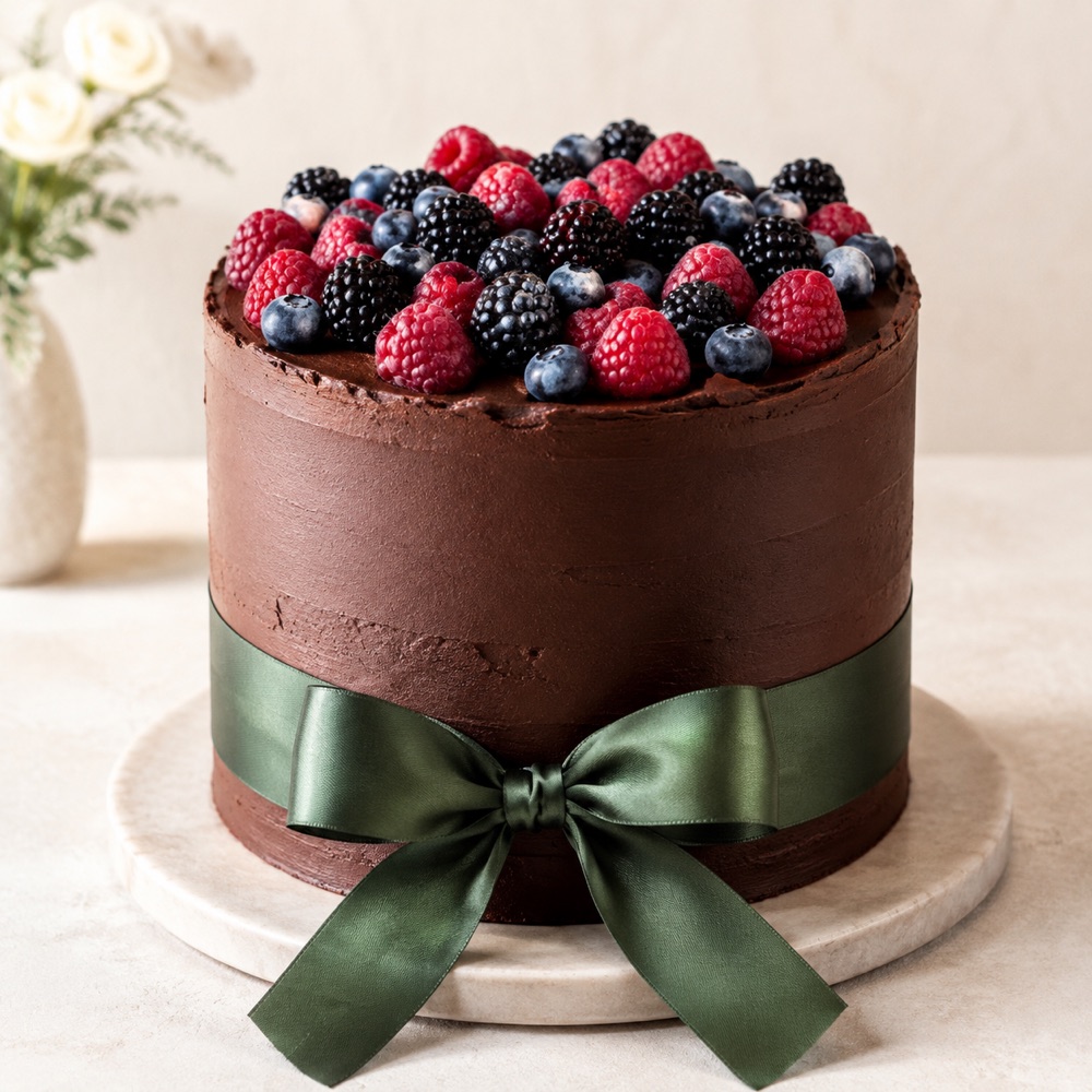 Schokoladentorte mit Beeren und grüner Schleife
