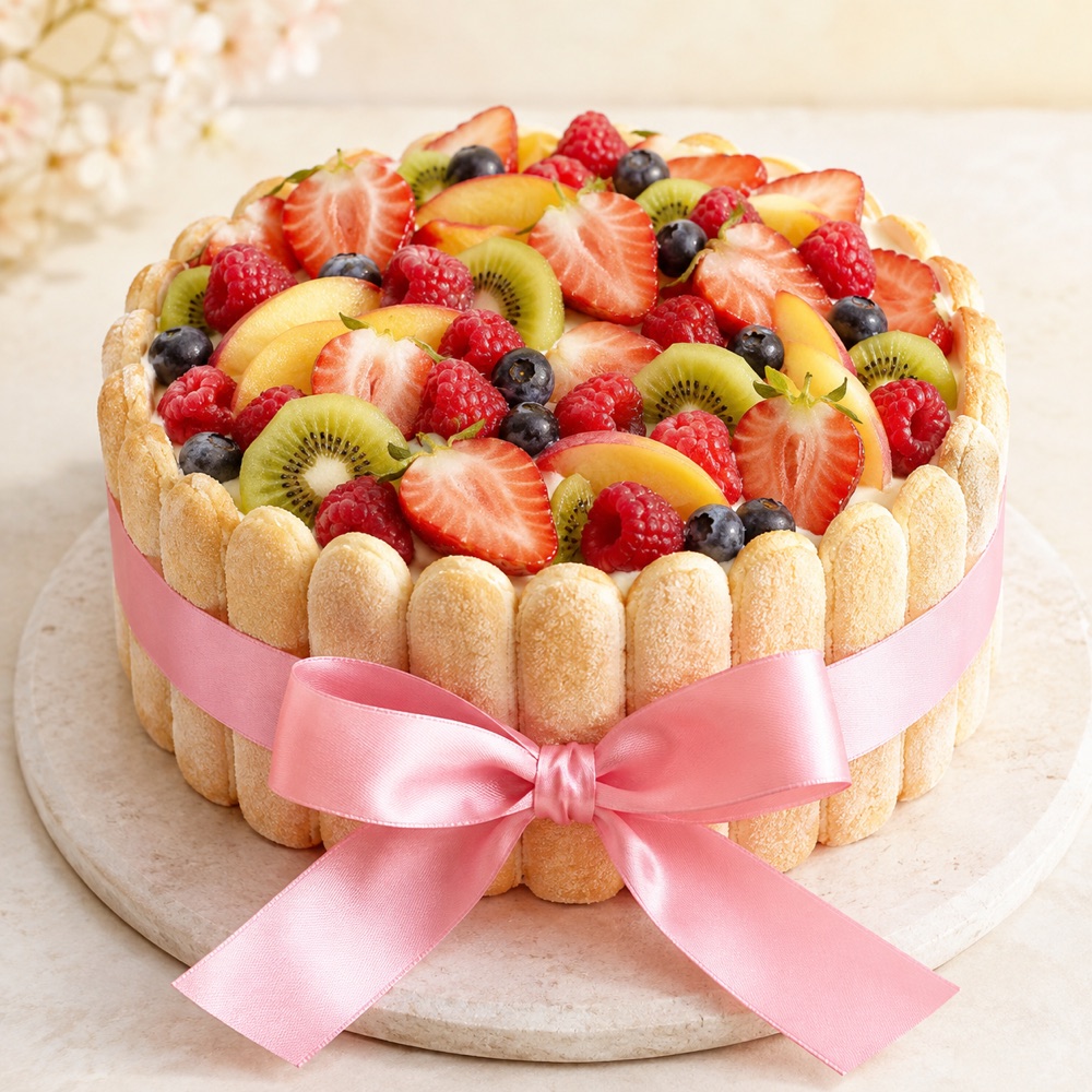 Fruchttorte mit rosa Schleife