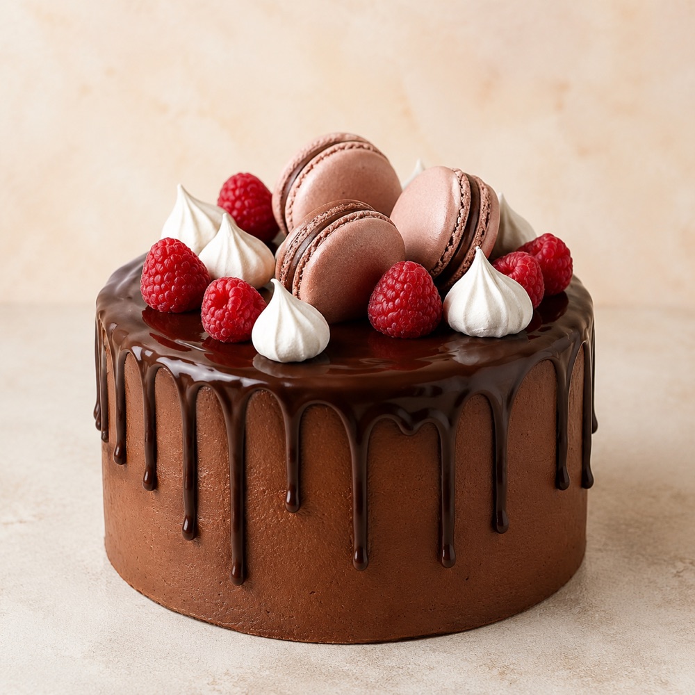 Schokoladen-Drip-Torte mit Macarons und Himbeeren